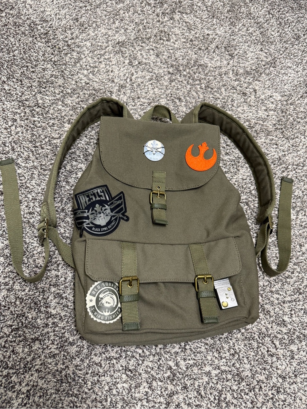 Disney Star Wars Olive Green Canvas Backpack with Patch Details NWT